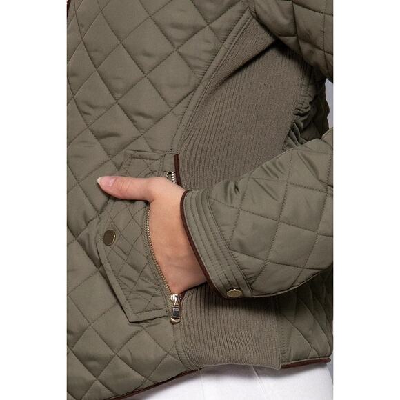 Suede Piping Detail Knit Rib Quilted Padding Jacket Olive - Picture 6 of 6